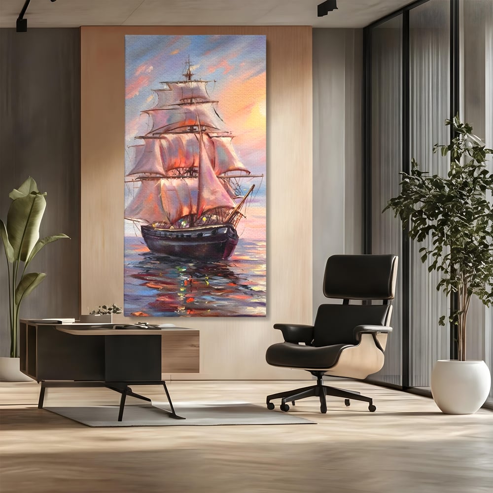 Tablou Canvas Premium LuxCanva® A1304, Vapor Pe Mare, Living, Vele, Rasarit, Pasari, Catarg, Dormitor, Culori Vibrante