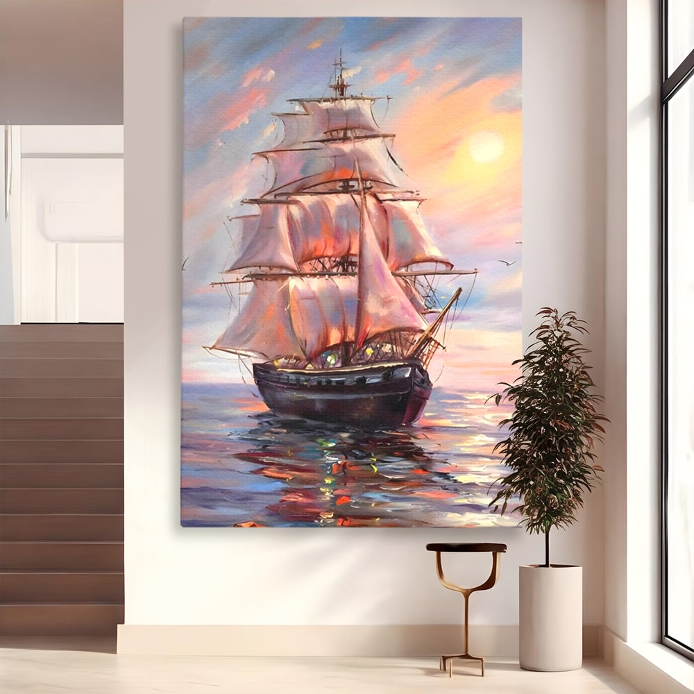 Tablou Canvas Premium LuxCanva® A1304, Vapor Pe Mare, Living, Vele, Rasarit, Pasari, Catarg, Dormitor, Culori Vibrante