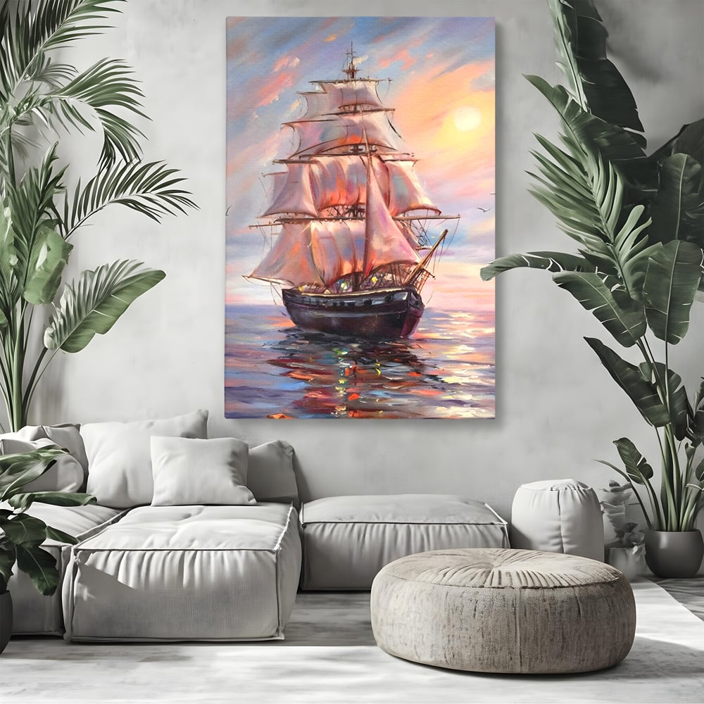 Tablou Canvas Premium LuxCanva® A1304, Vapor Pe Mare, Living, Vele, Rasarit, Pasari, Catarg, Dormitor, Culori Vibrante