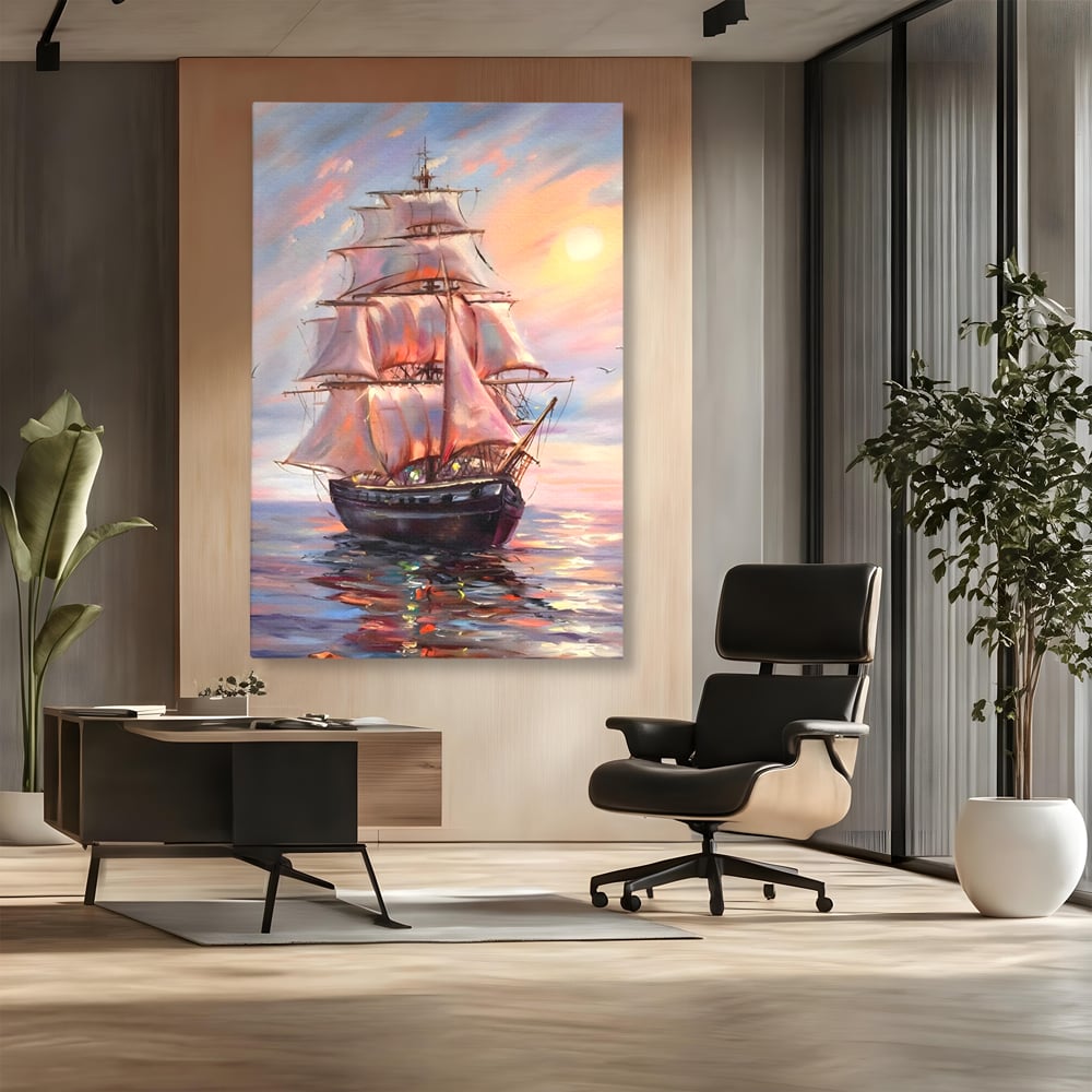 Tablou Canvas Premium LuxCanva® A1304, Vapor Pe Mare, Living, Vele, Rasarit, Pasari, Catarg, Dormitor, Culori Vibrante