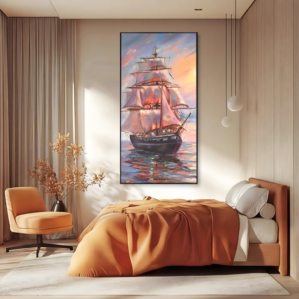 Tablou Canvas Premium LuxCanva® A1304, Vapor Pe Mare, Living, Vele, Rasarit, Pasari, Catarg, Dormitor, Culori Vibrante