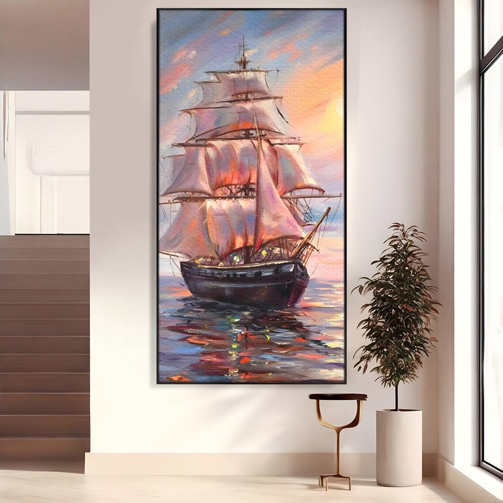 Tablou Canvas Premium LuxCanva® A1304, Vapor Pe Mare, Living, Vele, Rasarit, Pasari, Catarg, Dormitor, Culori Vibrante