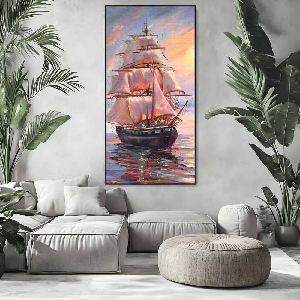 Tablou Canvas Premium LuxCanva® A1304, Vapor Pe Mare, Living, Vele, Rasarit, Pasari, Catarg, Dormitor, Culori Vibrante