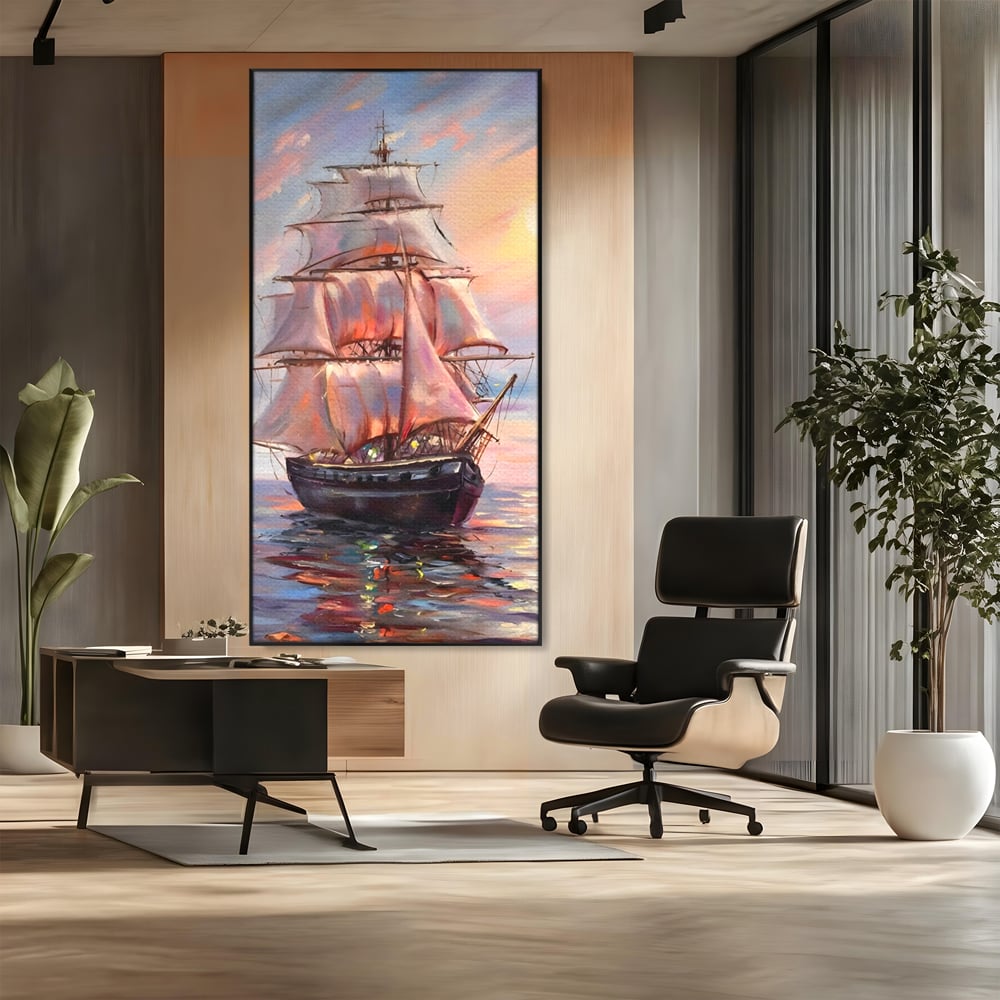 Tablou Canvas Premium LuxCanva® A1304, Vapor Pe Mare, Living, Vele, Rasarit, Pasari, Catarg, Dormitor, Culori Vibrante