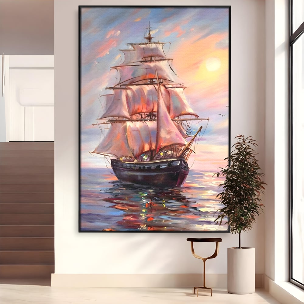 Tablou Canvas Premium LuxCanva® A1304, Vapor Pe Mare, Living, Vele, Rasarit, Pasari, Catarg, Dormitor, Culori Vibrante