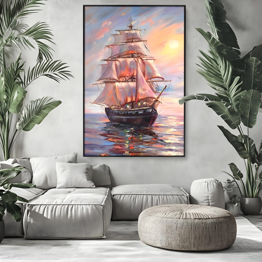 Tablou Canvas Premium LuxCanva® A1304, Vapor Pe Mare, Living, Vele, Rasarit, Pasari, Catarg, Dormitor, Culori Vibrante