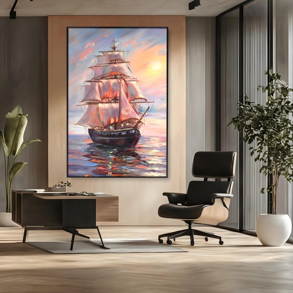 Tablou Canvas Premium LuxCanva® A1304, Vapor Pe Mare, Living, Vele, Rasarit, Pasari, Catarg, Dormitor, Culori Vibrante