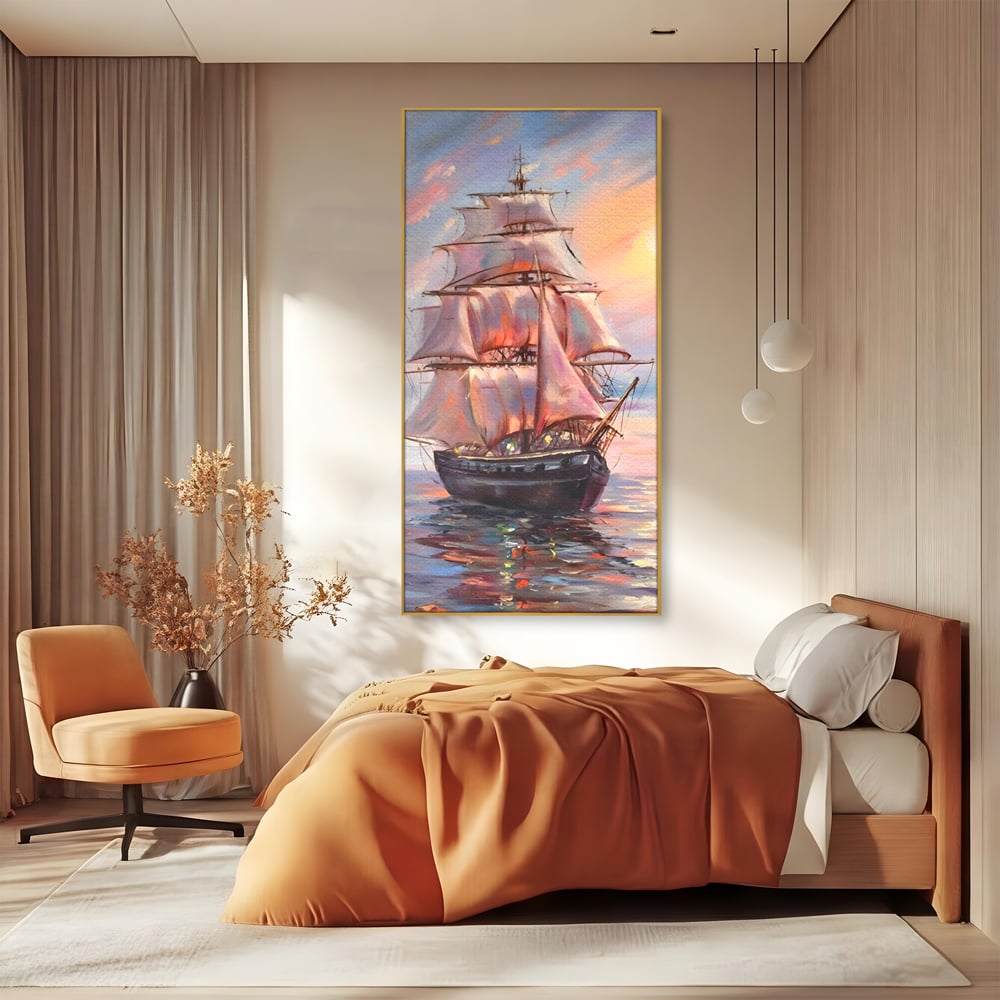 Tablou Canvas Premium LuxCanva® A1304, Vapor Pe Mare, Living, Vele, Rasarit, Pasari, Catarg, Dormitor, Culori Vibrante