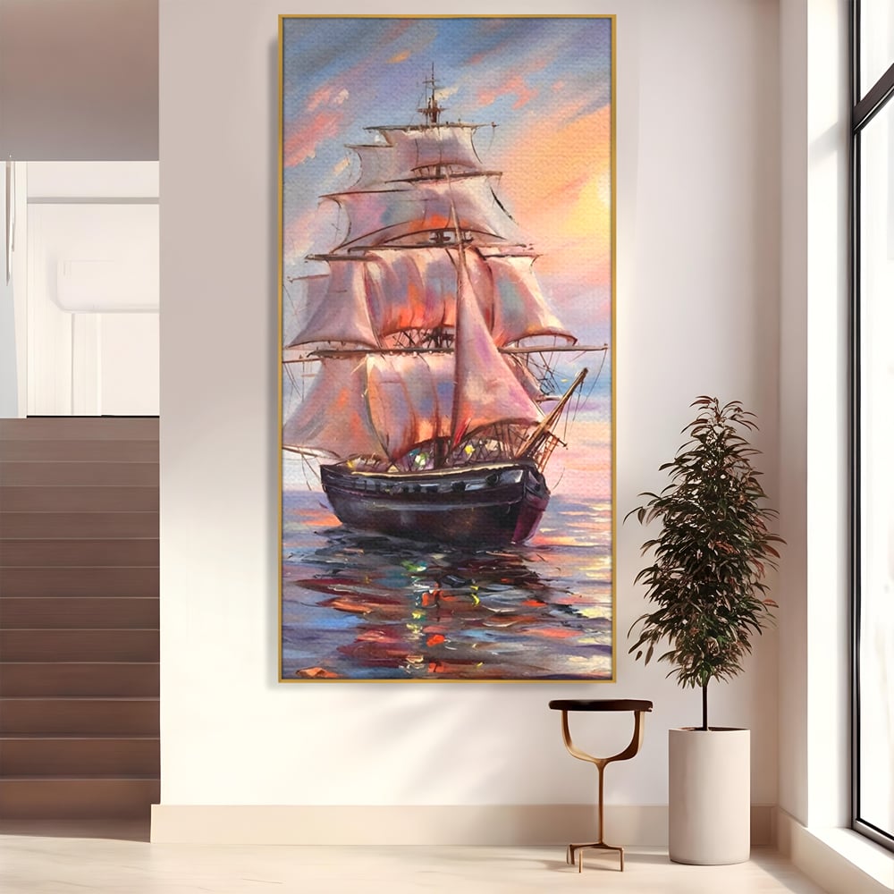 Tablou Canvas Premium LuxCanva® A1304, Vapor Pe Mare, Living, Vele, Rasarit, Pasari, Catarg, Dormitor, Culori Vibrante