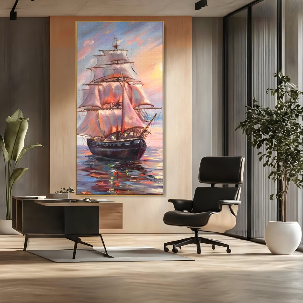 Tablou Canvas Premium LuxCanva® A1304, Vapor Pe Mare, Living, Vele, Rasarit, Pasari, Catarg, Dormitor, Culori Vibrante
