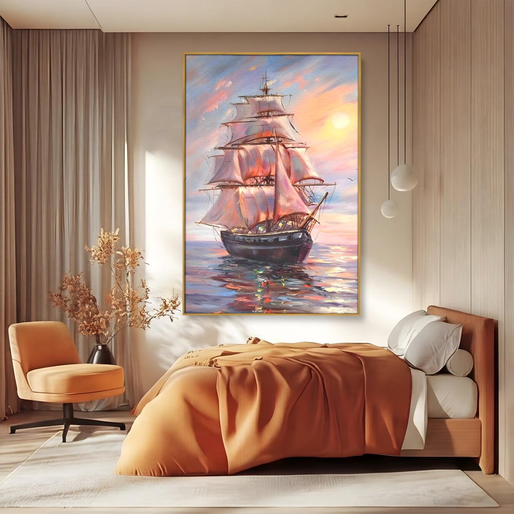 Tablou Canvas Premium LuxCanva® A1304, Vapor Pe Mare, Living, Vele, Rasarit, Pasari, Catarg, Dormitor, Culori Vibrante