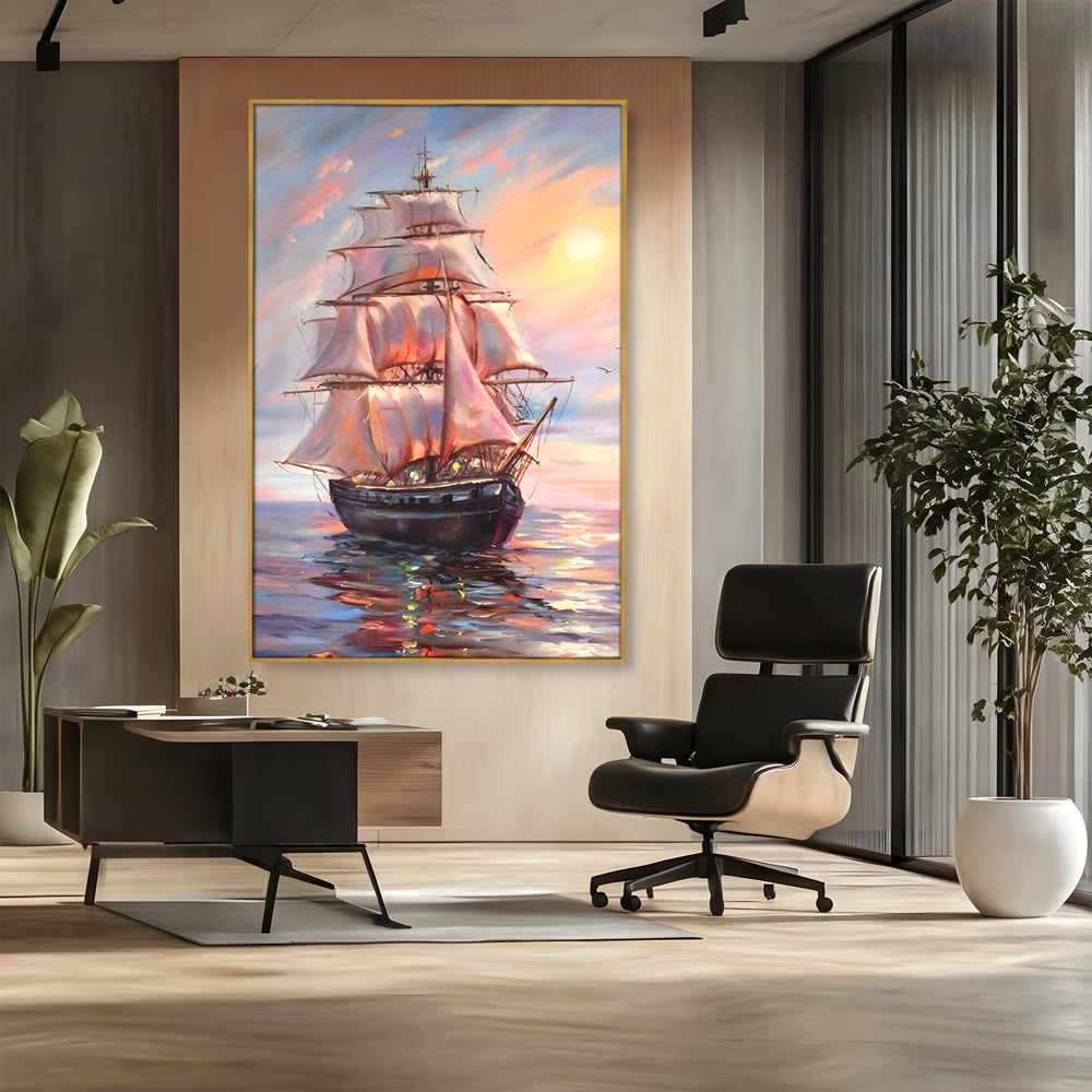Tablou Canvas Premium LuxCanva® A1304, Vapor Pe Mare, Living, Vele, Rasarit, Pasari, Catarg, Dormitor, Culori Vibrante