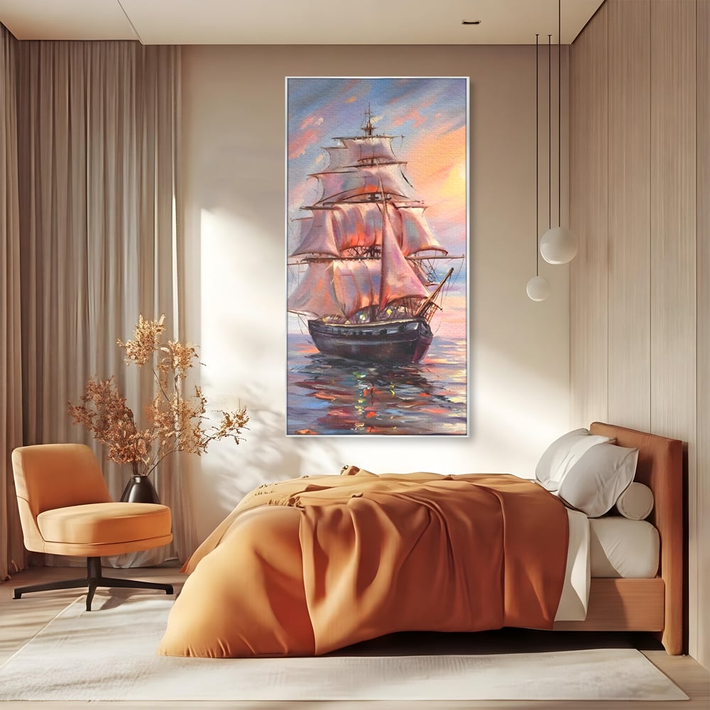 Tablou Canvas Premium LuxCanva® A1304, Vapor Pe Mare, Living, Vele, Rasarit, Pasari, Catarg, Dormitor, Culori Vibrante