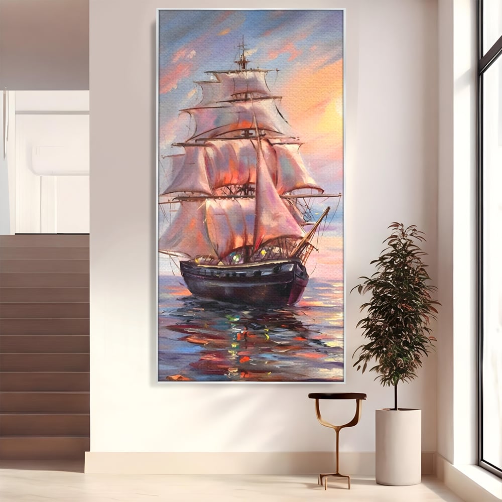 Tablou Canvas Premium LuxCanva® A1304, Vapor Pe Mare, Living, Vele, Rasarit, Pasari, Catarg, Dormitor, Culori Vibrante