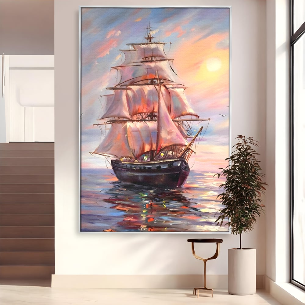 Tablou Canvas Premium LuxCanva® A1304, Vapor Pe Mare, Living, Vele, Rasarit, Pasari, Catarg, Dormitor, Culori Vibrante