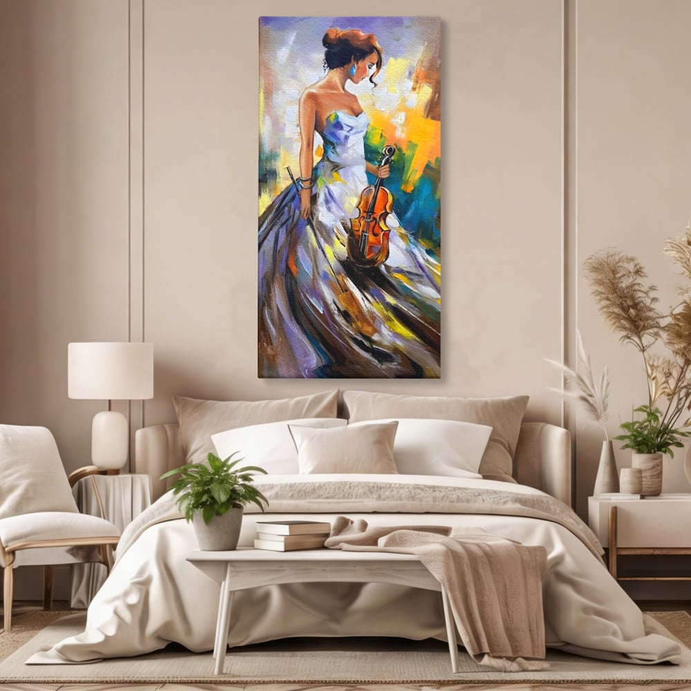 Tablou Canvas Premium LuxCanva® A1306, Fata Cu Vioara , Living, Femeie, Frumusete, Eleganta, Instrument Muzical, Dormitor, Culori Vibrante