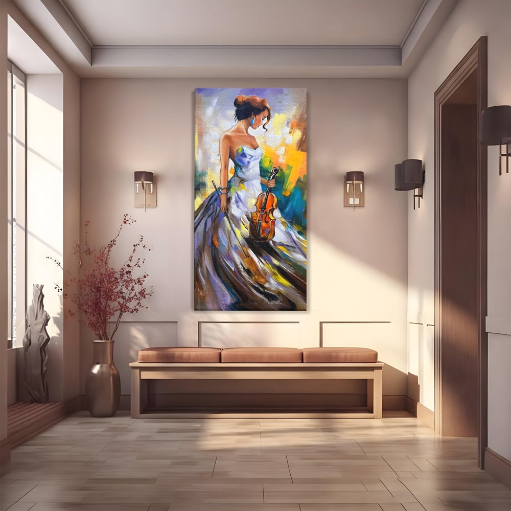 Tablou Canvas Premium LuxCanva® A1306, Fata Cu Vioara , Living, Femeie, Frumusete, Eleganta, Instrument Muzical, Dormitor, Culori Vibrante