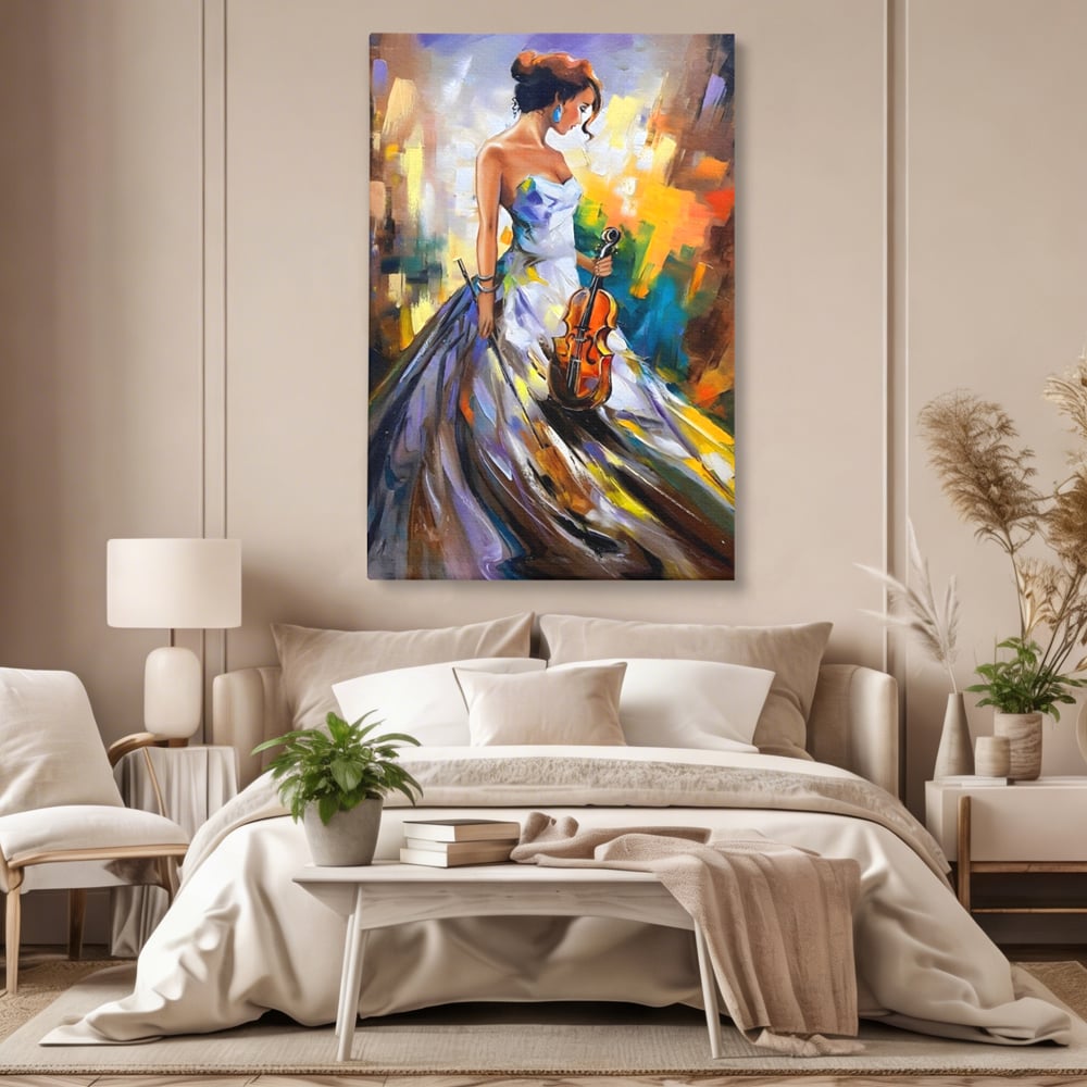 Tablou Canvas Premium LuxCanva® A1306, Fata Cu Vioara , Living, Femeie, Frumusete, Eleganta, Instrument Muzical, Dormitor, Culori Vibrante
