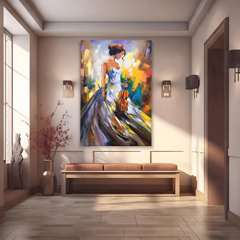 Tablou Canvas Premium LuxCanva® A1306, Fata Cu Vioara , Living, Femeie, Frumusete, Eleganta, Instrument Muzical, Dormitor, Culori Vibrante