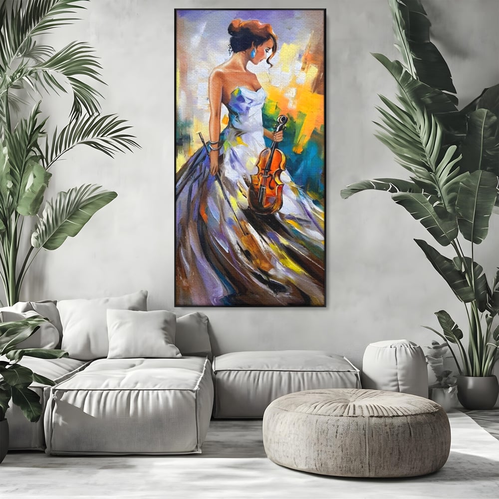 Tablou Canvas Premium LuxCanva® A1306, Fata Cu Vioara , Living, Femeie, Frumusete, Eleganta, Instrument Muzical, Dormitor, Culori Vibrante