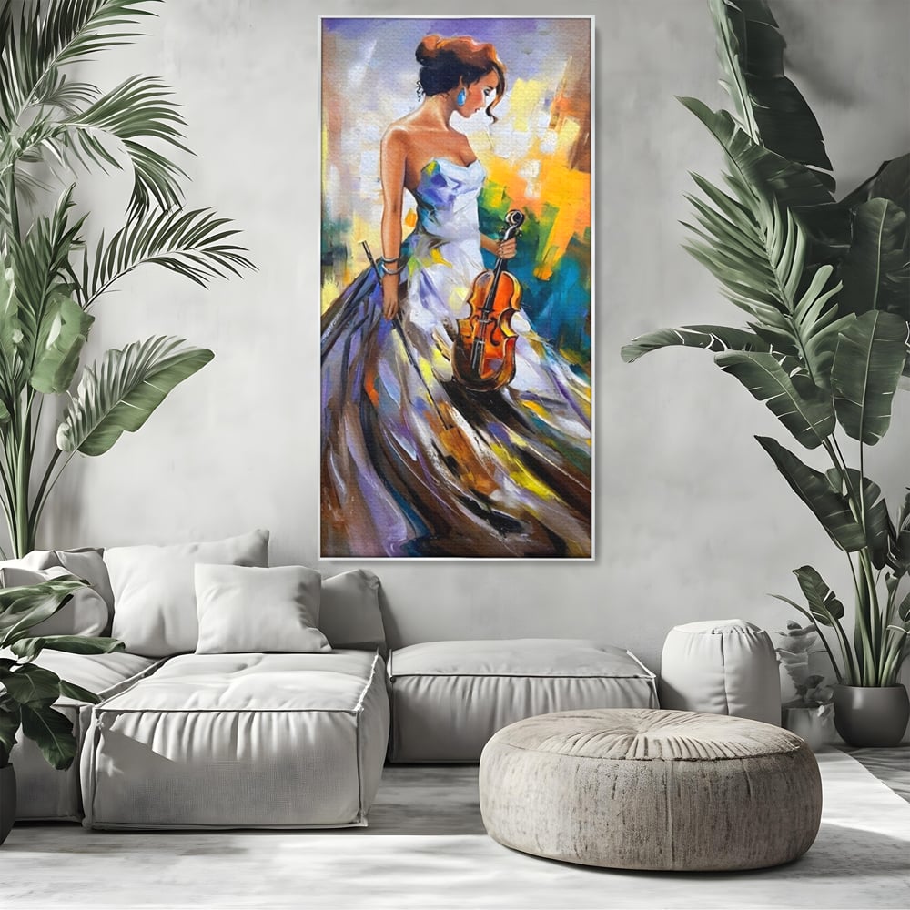 Tablou Canvas Premium LuxCanva® A1306, Fata Cu Vioara , Living, Femeie, Frumusete, Eleganta, Instrument Muzical, Dormitor, Culori Vibrante