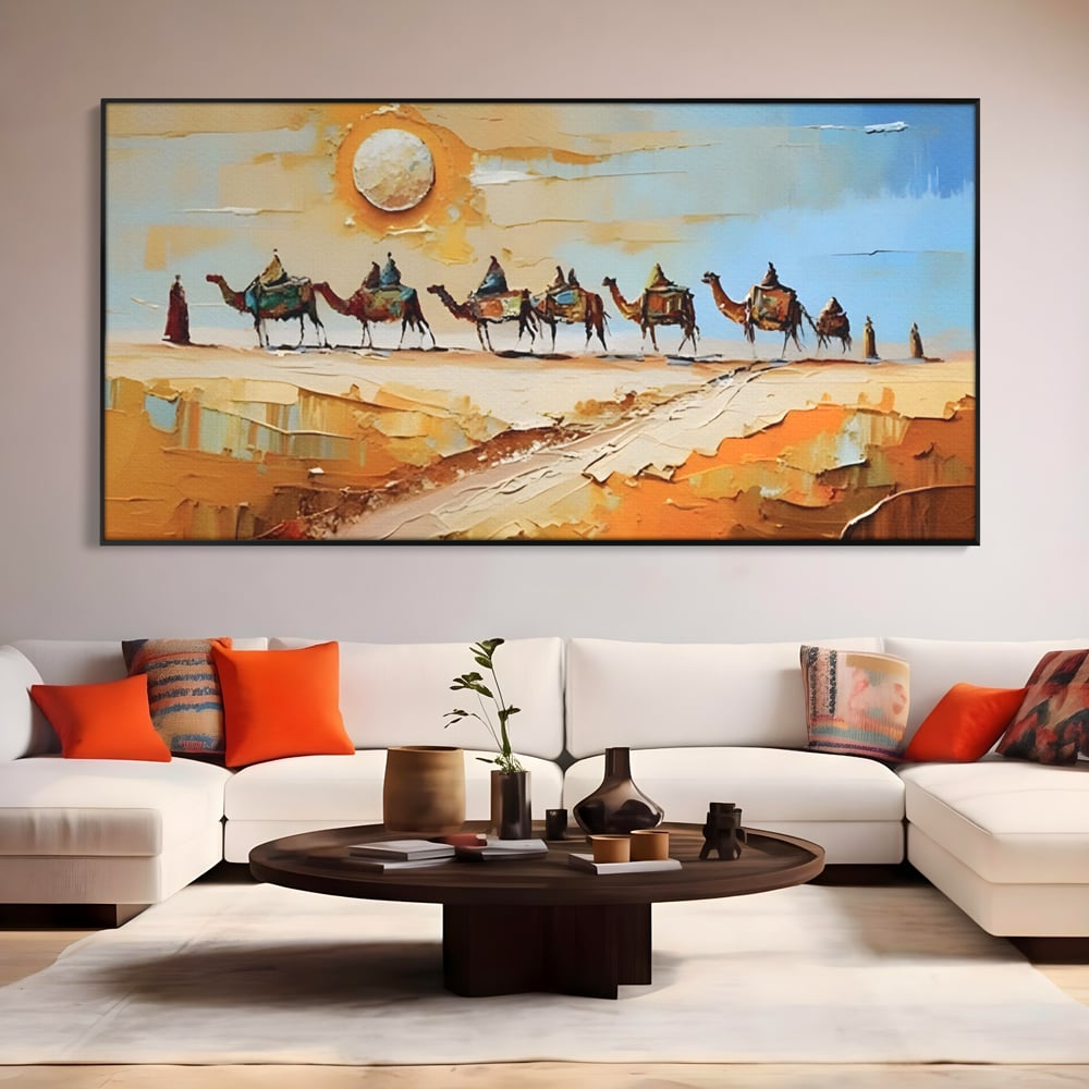 Tablou Canvas Premium LuxCanva® A1313, Plimbare Prin Desert , Living, Camile, Nisip, Soare, Sahara, Dormitor, Culori Vibrante