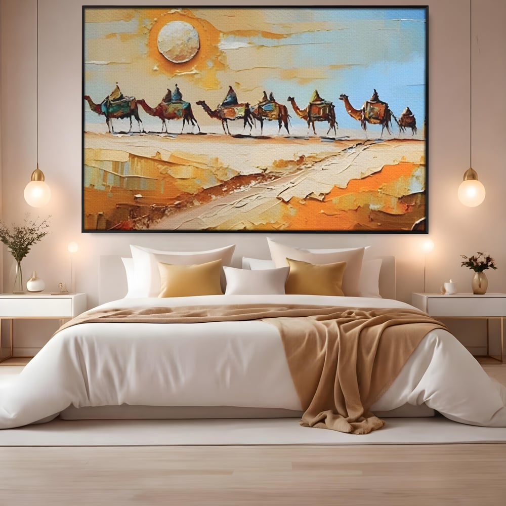 Tablou Canvas Premium LuxCanva® A1313, Plimbare Prin Desert , Living, Camile, Nisip, Soare, Sahara, Dormitor, Culori Vibrante