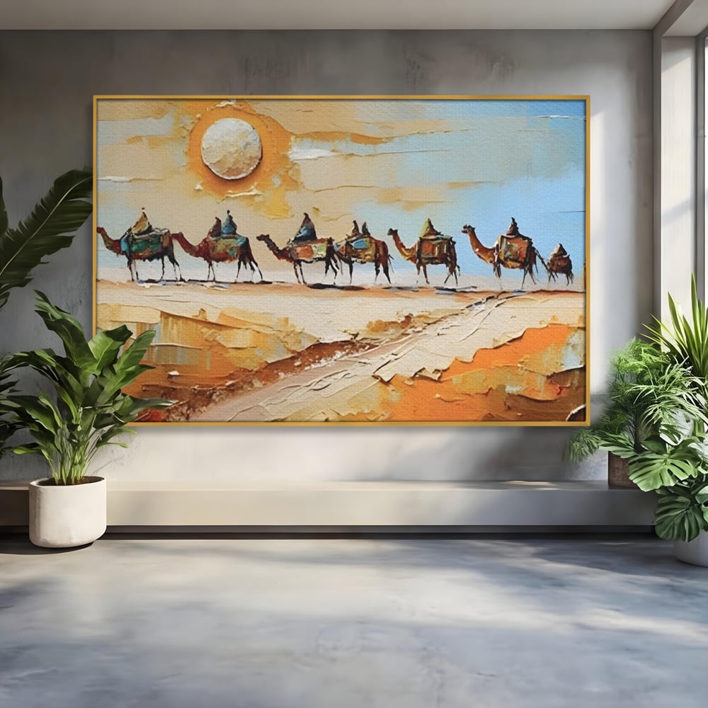 Tablou Canvas Premium LuxCanva® A1313, Plimbare Prin Desert , Living, Camile, Nisip, Soare, Sahara, Dormitor, Culori Vibrante