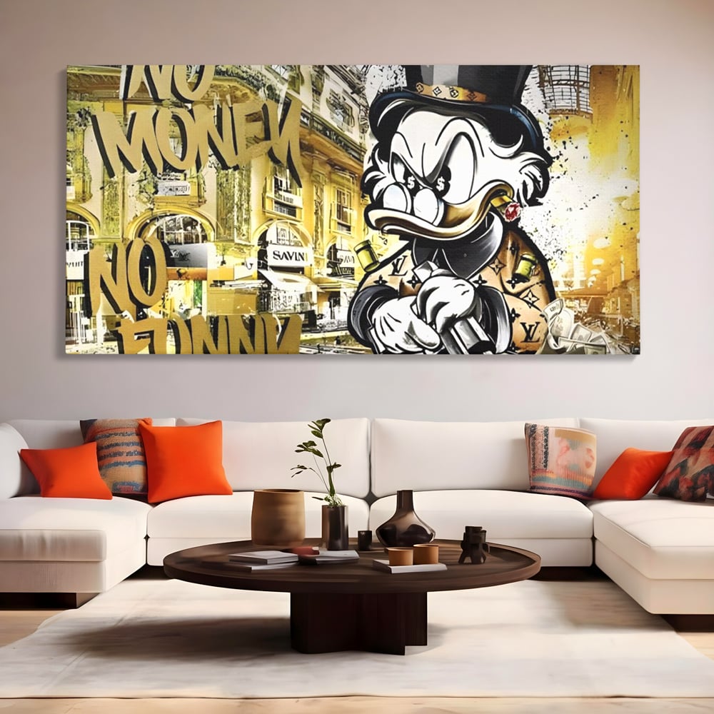 Tablou Canvas Premium, LuxCanva® A1316, No Money! No Funny! Living, Scooge Duck, Personaj, Desene, Rata, Animate, Birou, Culori Vibrante