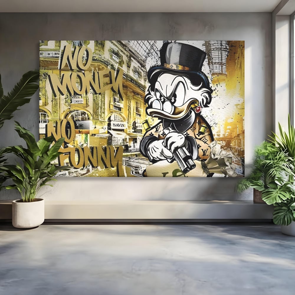 Tablou Canvas Premium, LuxCanva® A1316, No Money! No Funny! Living, Scooge Duck, Personaj, Desene, Rata, Animate, Birou, Culori Vibrante