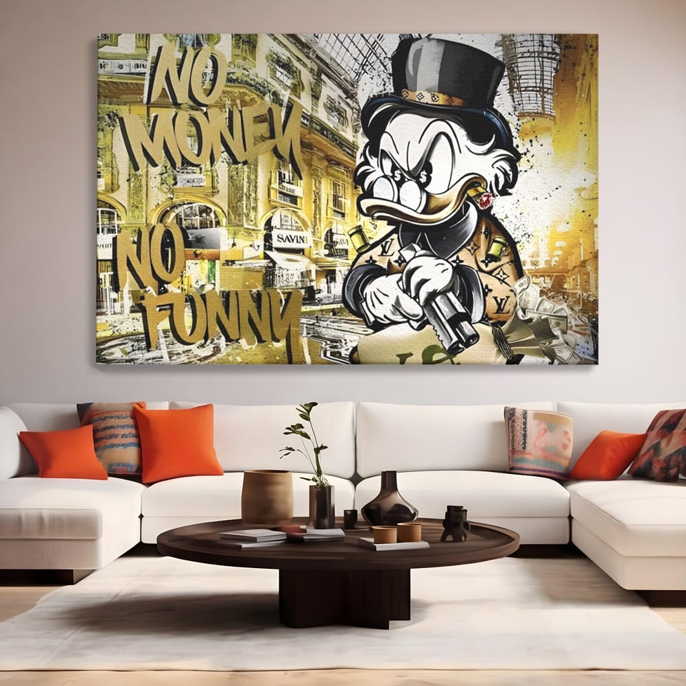 Tablou Canvas Premium, LuxCanva® A1316, No Money! No Funny! Living, Scooge Duck, Personaj, Desene, Rata, Animate, Birou, Culori Vibrante