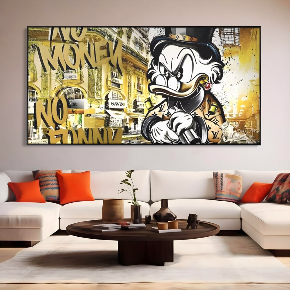 Tablou Canvas Premium, LuxCanva® A1316, No Money! No Funny! Living, Scooge Duck, Personaj, Desene, Rata, Animate, Birou, Culori Vibrante