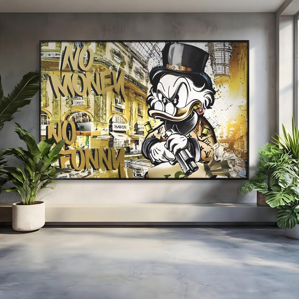 Tablou Canvas Premium, LuxCanva® A1316, No Money! No Funny! Living, Scooge Duck, Personaj, Desene, Rata, Animate, Birou, Culori Vibrante