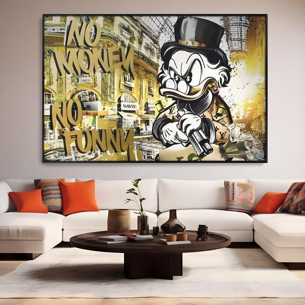 Tablou Canvas Premium, LuxCanva® A1316, No Money! No Funny! Living, Scooge Duck, Personaj, Desene, Rata, Animate, Birou, Culori Vibrante