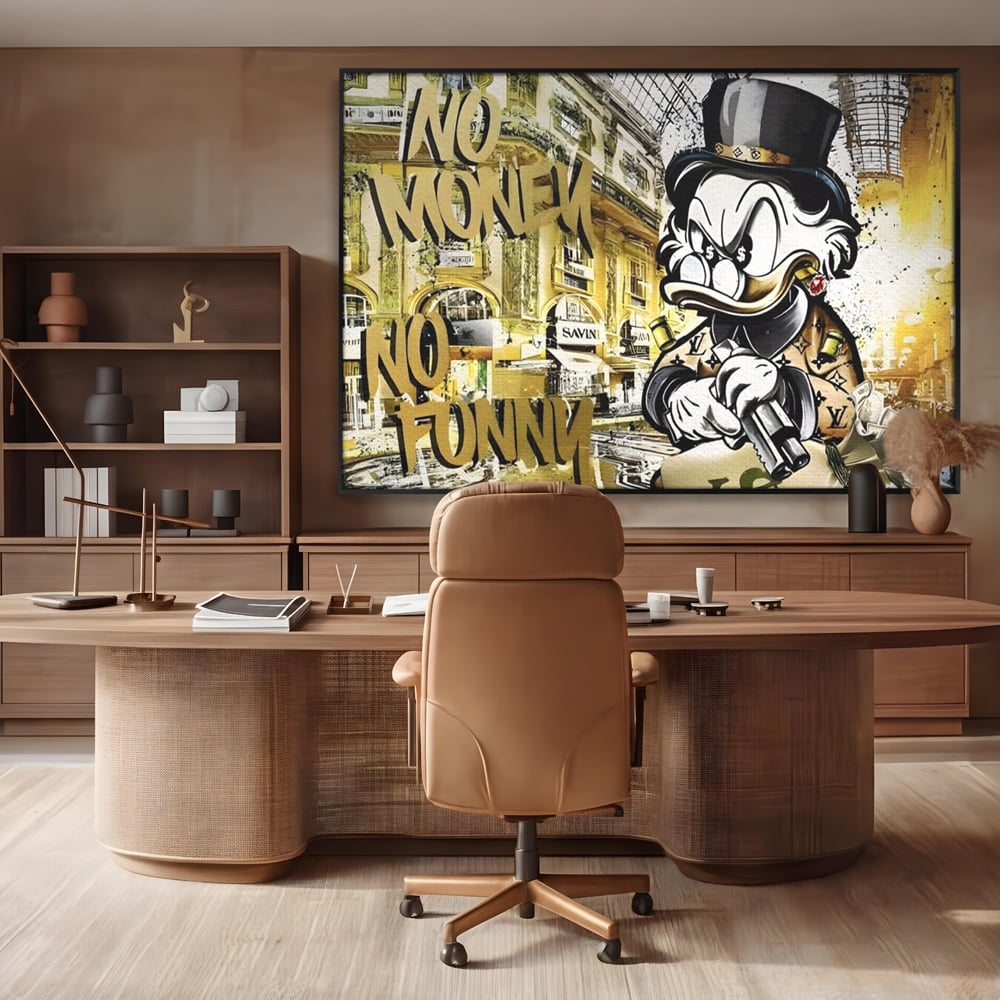 Tablou Canvas Premium, LuxCanva® A1316, No Money! No Funny! Living, Scooge Duck, Personaj, Desene, Rata, Animate, Birou, Culori Vibrante
