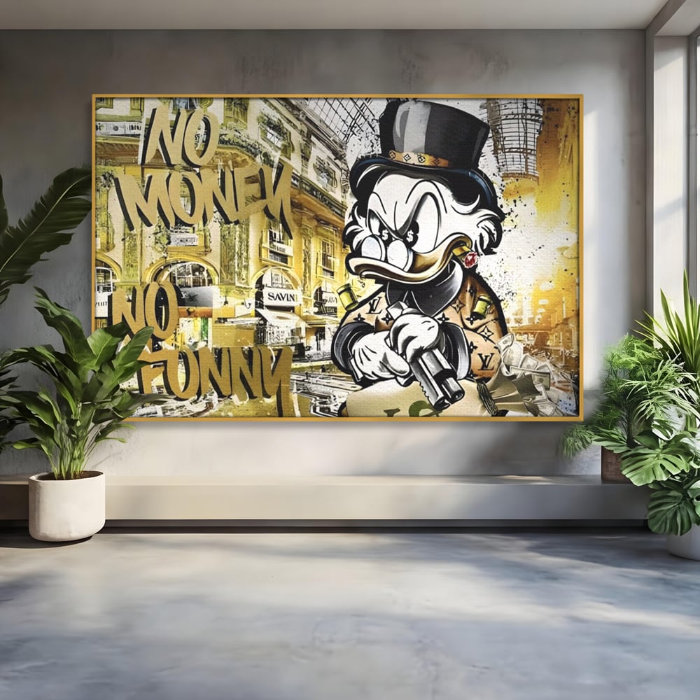 Tablou Canvas Premium, LuxCanva® A1316, No Money! No Funny! Living, Scooge Duck, Personaj, Desene, Rata, Animate, Birou, Culori Vibrante