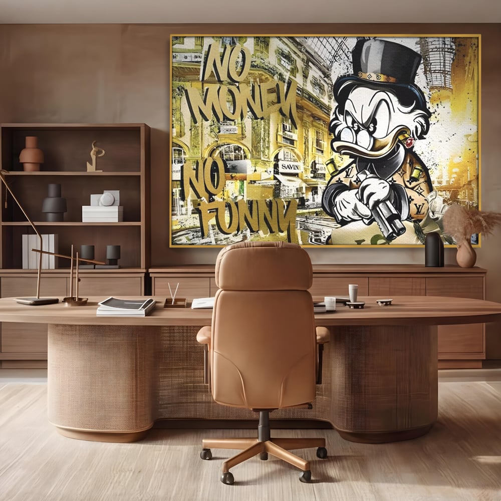 Tablou Canvas Premium, LuxCanva® A1316, No Money! No Funny! Living, Scooge Duck, Personaj, Desene, Rata, Animate, Birou, Culori Vibrante