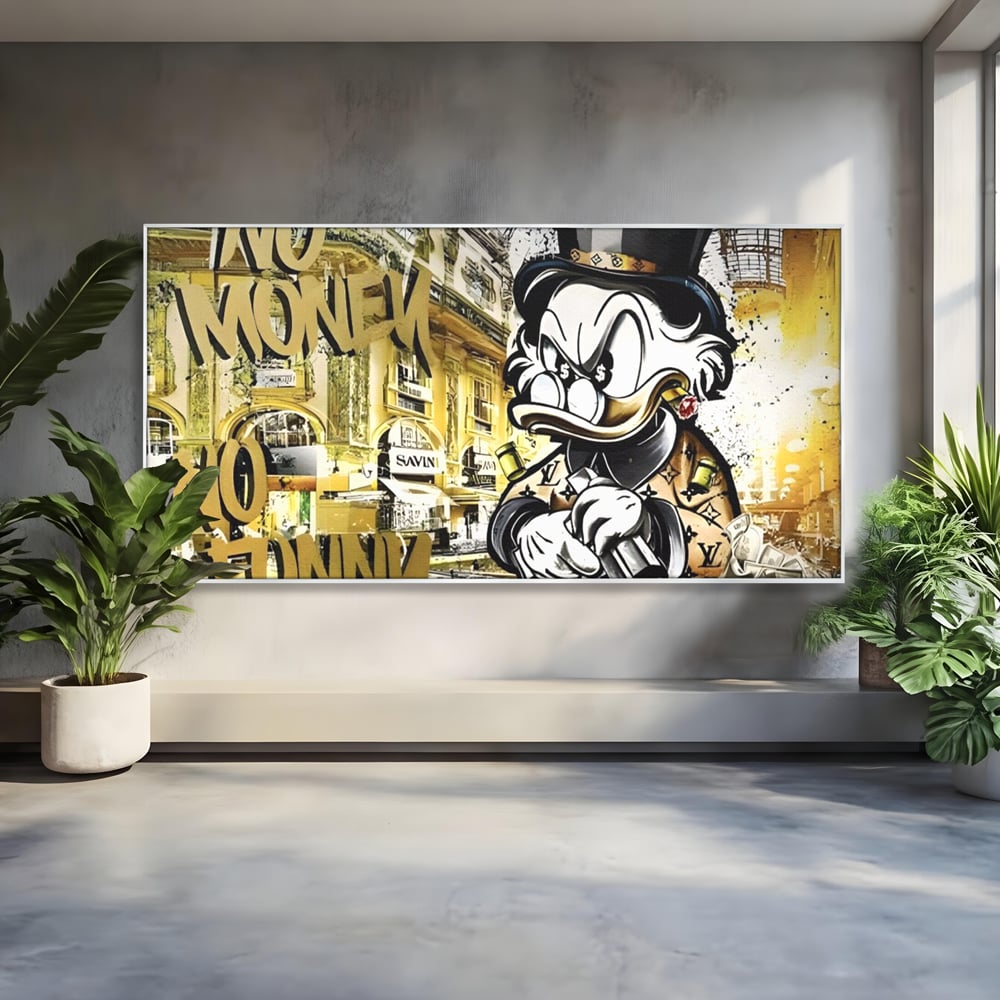 Tablou Canvas Premium, LuxCanva® A1316, No Money! No Funny! Living, Scooge Duck, Personaj, Desene, Rata, Animate, Birou, Culori Vibrante