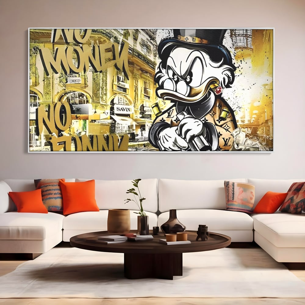 Tablou Canvas Premium, LuxCanva® A1316, No Money! No Funny! Living, Scooge Duck, Personaj, Desene, Rata, Animate, Birou, Culori Vibrante
