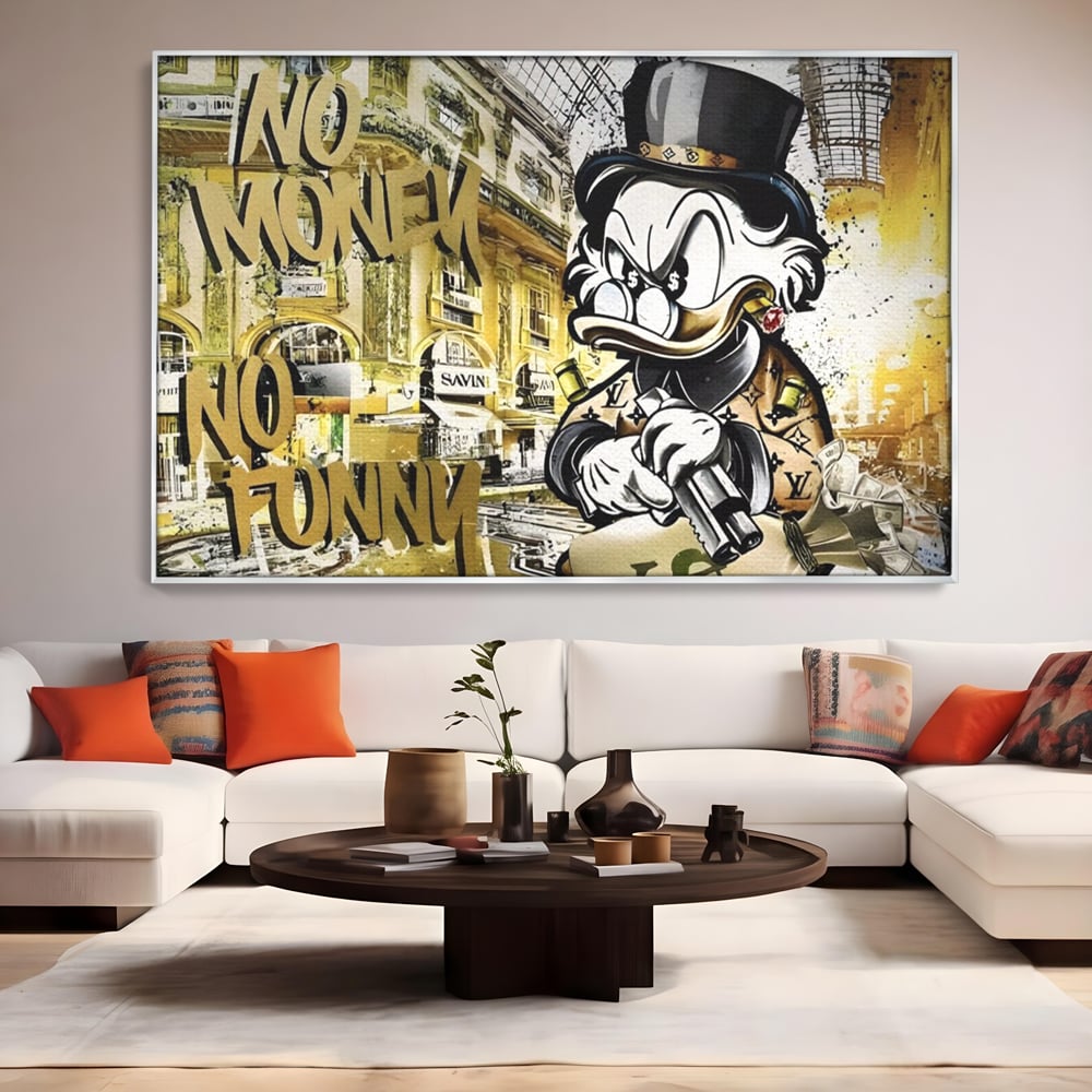 Tablou Canvas Premium, LuxCanva® A1316, No Money! No Funny! Living, Scooge Duck, Personaj, Desene, Rata, Animate, Birou, Culori Vibrante