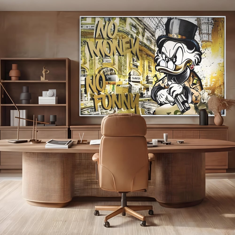 Tablou Canvas Premium, LuxCanva® A1316, No Money! No Funny! Living, Scooge Duck, Personaj, Desene, Rata, Animate, Birou, Culori Vibrante
