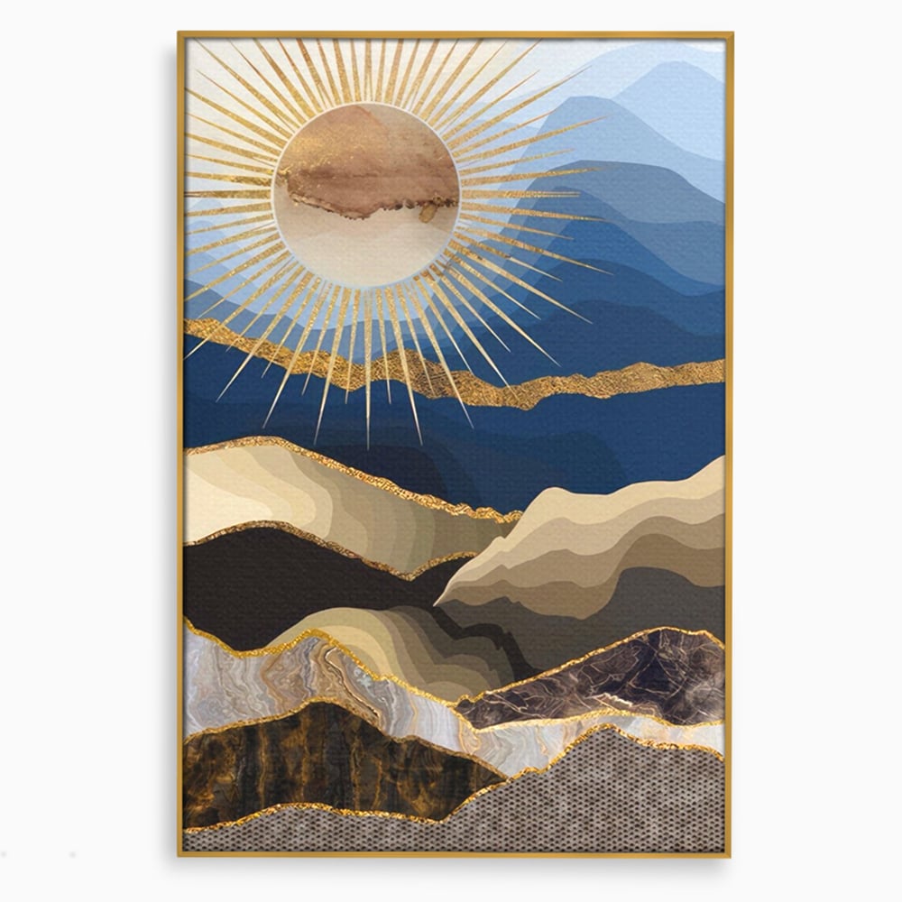 Tablou Canvas Premium LuxCanva® A1318, Abstract Mountain ,  Living, Munte, Soare, Auriu, Dormtior, Culori Vibrante