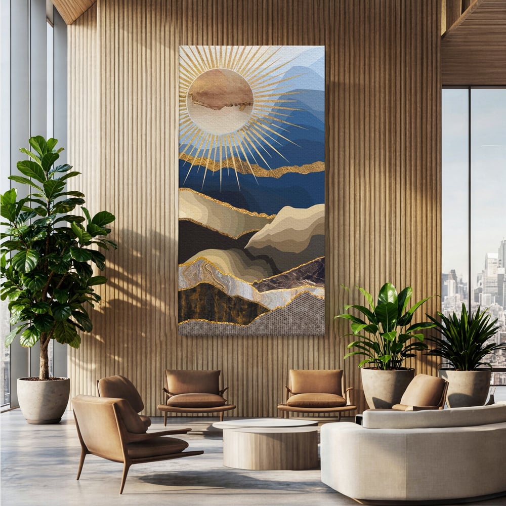 Tablou Canvas Premium LuxCanva® A1318, Abstract Mountain ,  Living, Munte, Soare, Auriu, Dormtior, Culori Vibrante