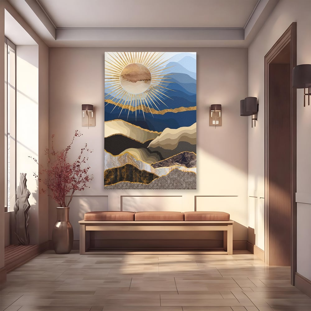 Tablou Canvas Premium LuxCanva® A1318, Abstract Mountain ,  Living, Munte, Soare, Auriu, Dormtior, Culori Vibrante
