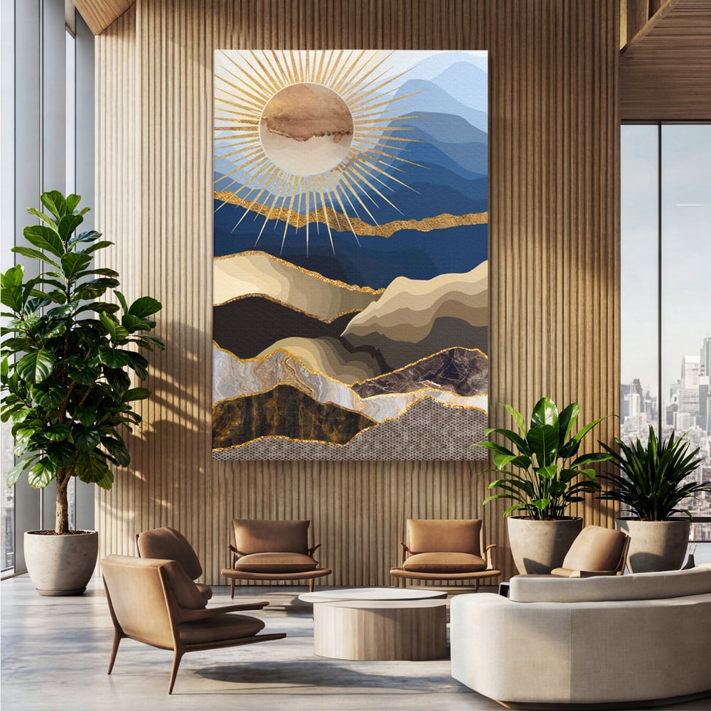 Tablou Canvas Premium LuxCanva® A1318, Abstract Mountain ,  Living, Munte, Soare, Auriu, Dormtior, Culori Vibrante