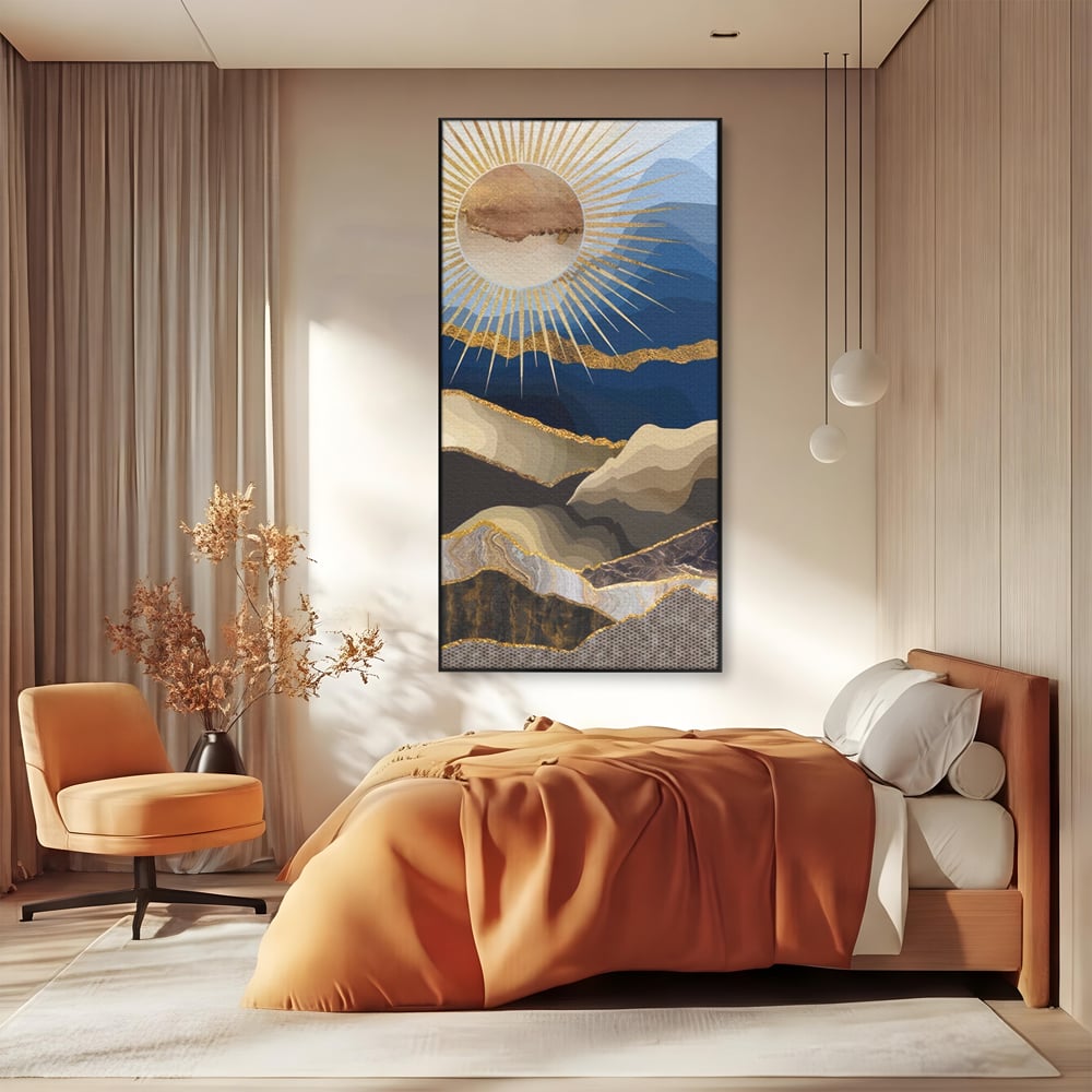 Tablou Canvas Premium LuxCanva® A1318, Abstract Mountain ,  Living, Munte, Soare, Auriu, Dormtior, Culori Vibrante