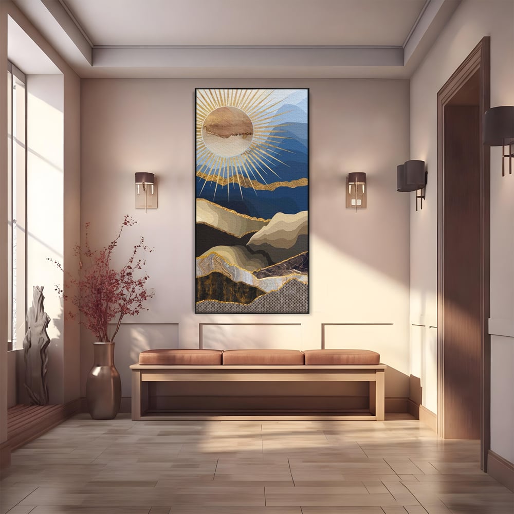 Tablou Canvas Premium LuxCanva® A1318, Abstract Mountain ,  Living, Munte, Soare, Auriu, Dormtior, Culori Vibrante