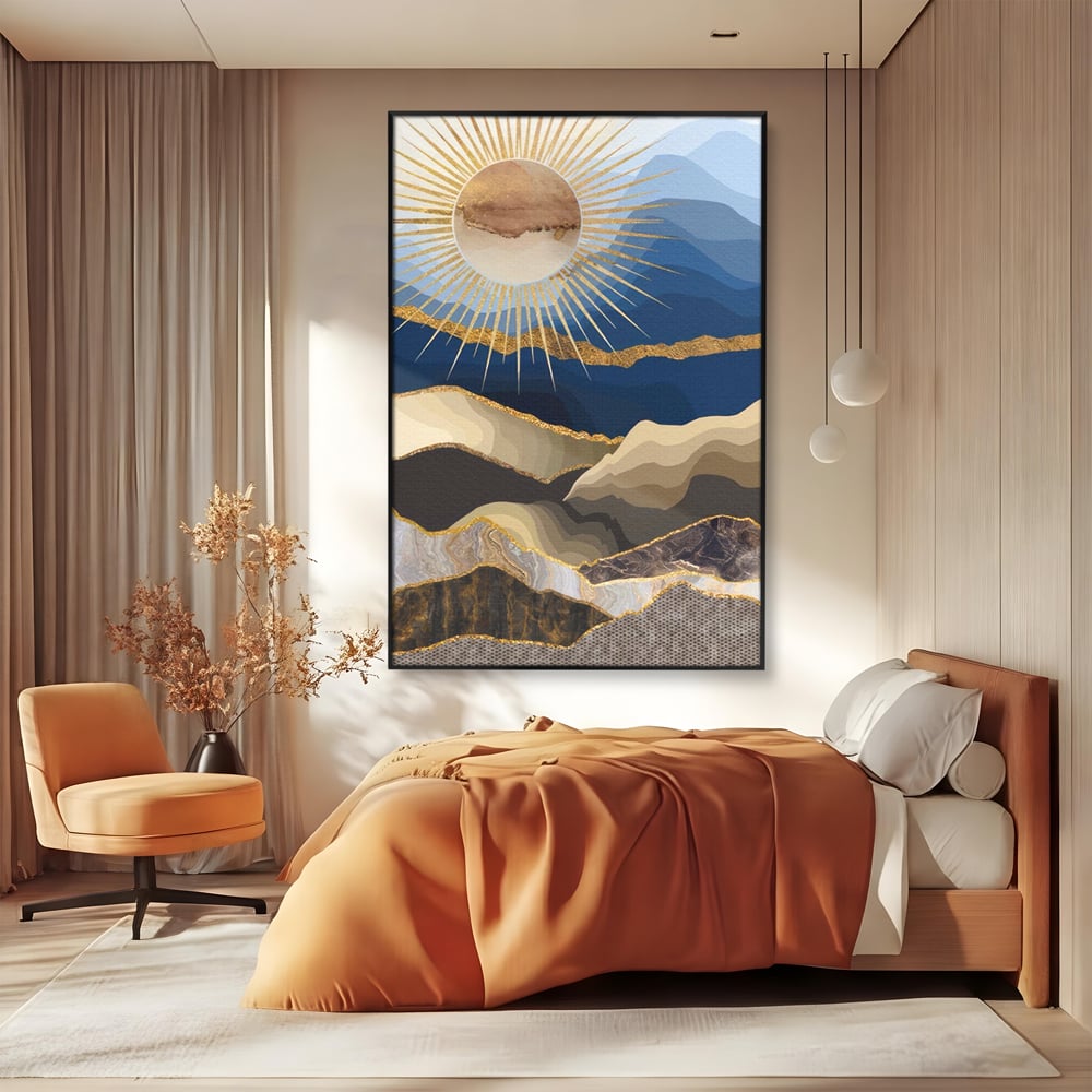 Tablou Canvas Premium LuxCanva® A1318, Abstract Mountain ,  Living, Munte, Soare, Auriu, Dormtior, Culori Vibrante