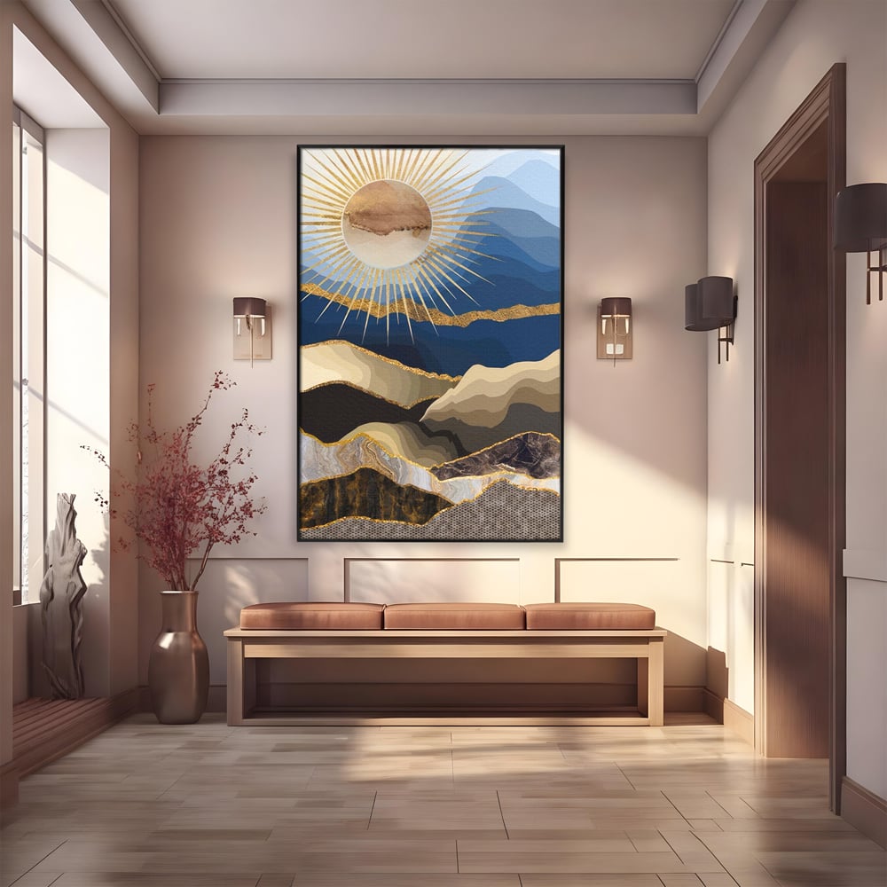 Tablou Canvas Premium LuxCanva® A1318, Abstract Mountain ,  Living, Munte, Soare, Auriu, Dormtior, Culori Vibrante