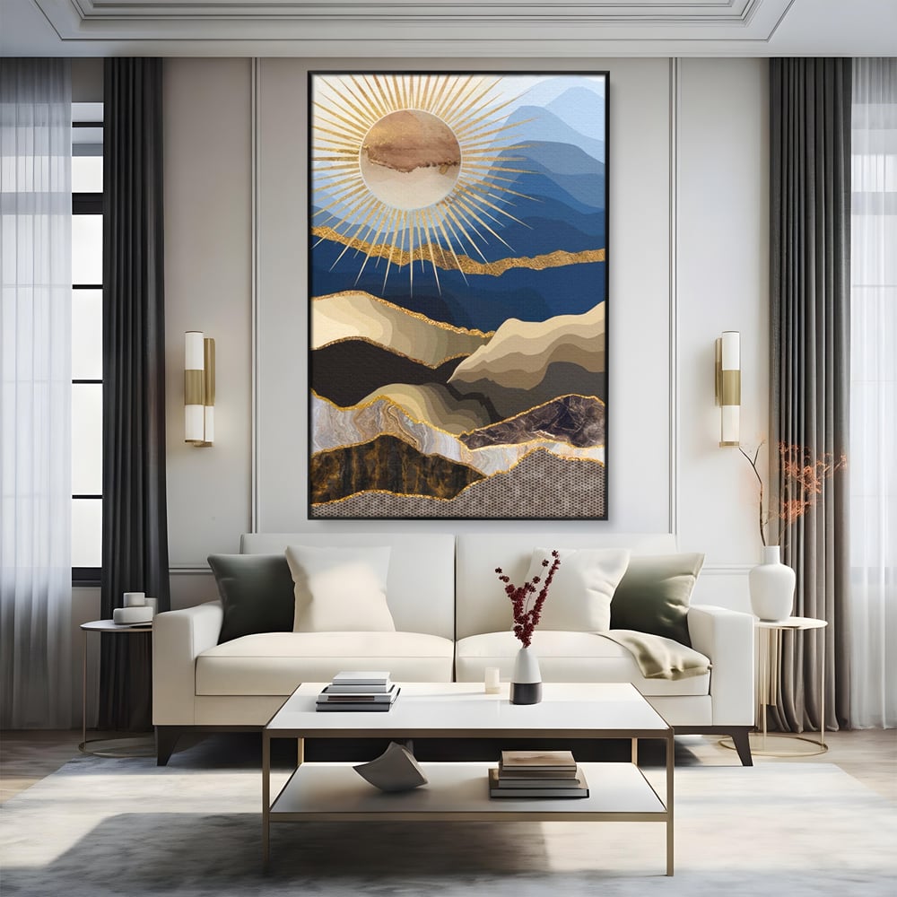 Tablou Canvas Premium LuxCanva® A1318, Abstract Mountain ,  Living, Munte, Soare, Auriu, Dormtior, Culori Vibrante